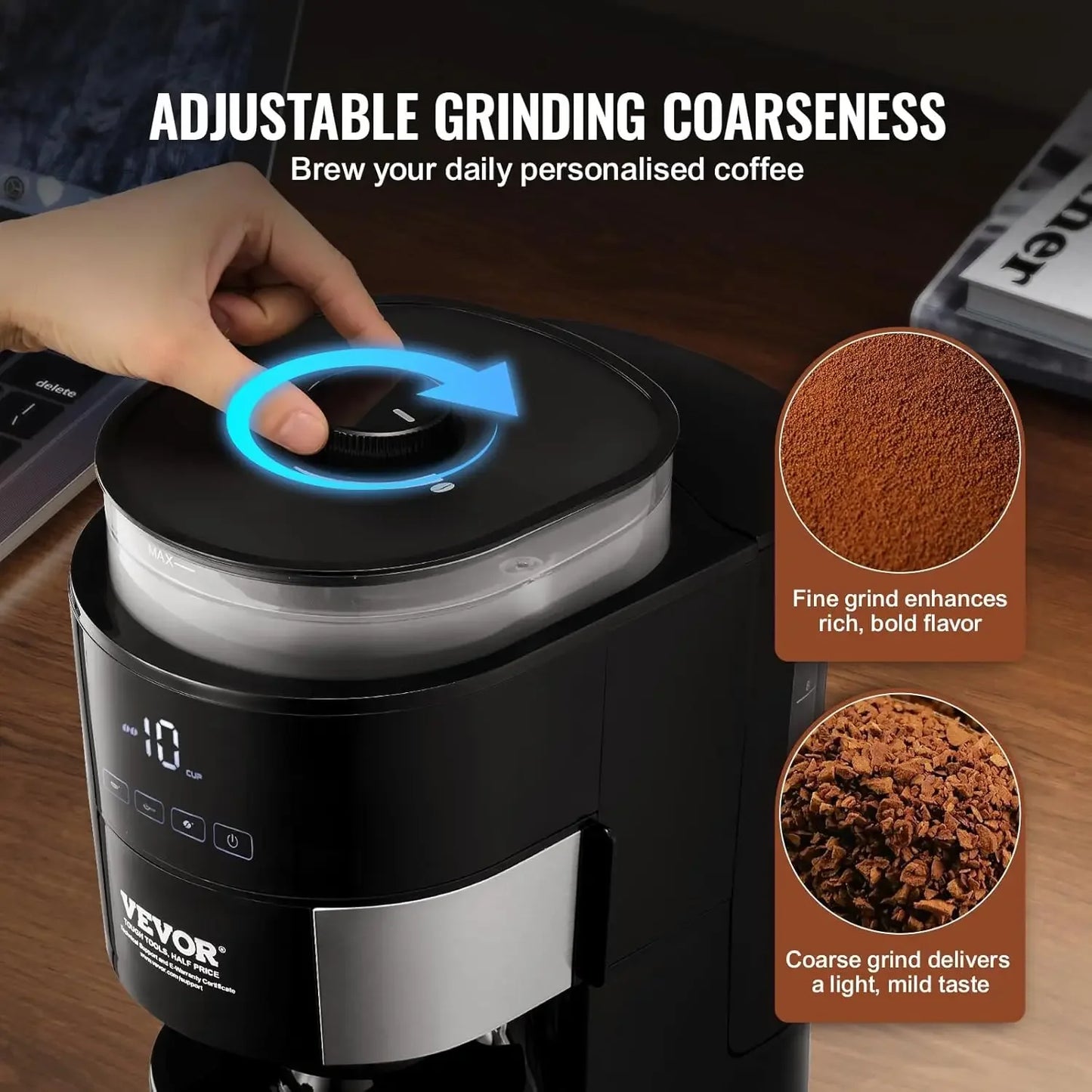 Coffee Maker with Grinder, 10 Cup Coffee Machine, Grind and Brew Coffee Maker with 3 Brew Strength Control