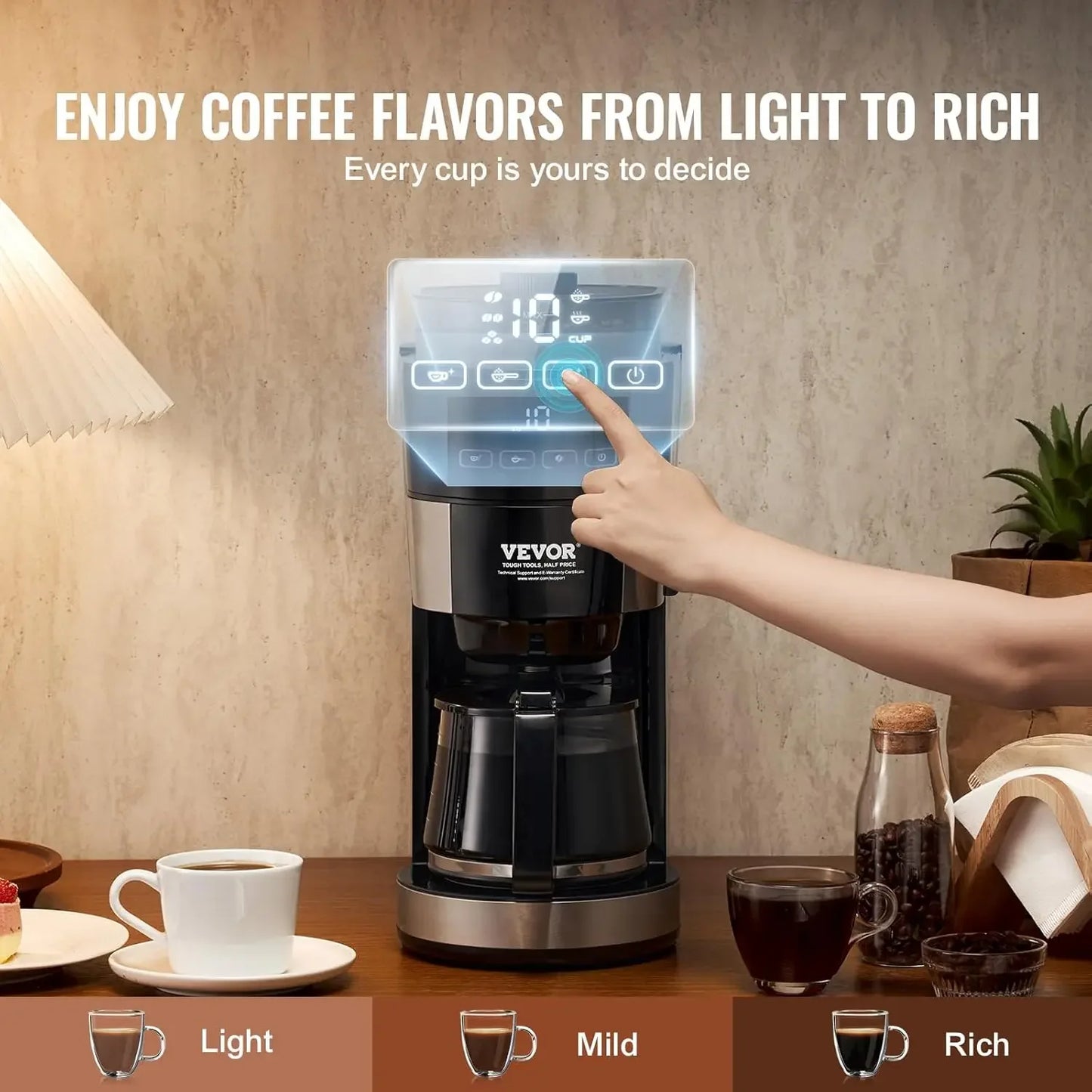 Coffee Maker with Grinder, 10 Cup Coffee Machine, Grind and Brew Coffee Maker with 3 Brew Strength Control